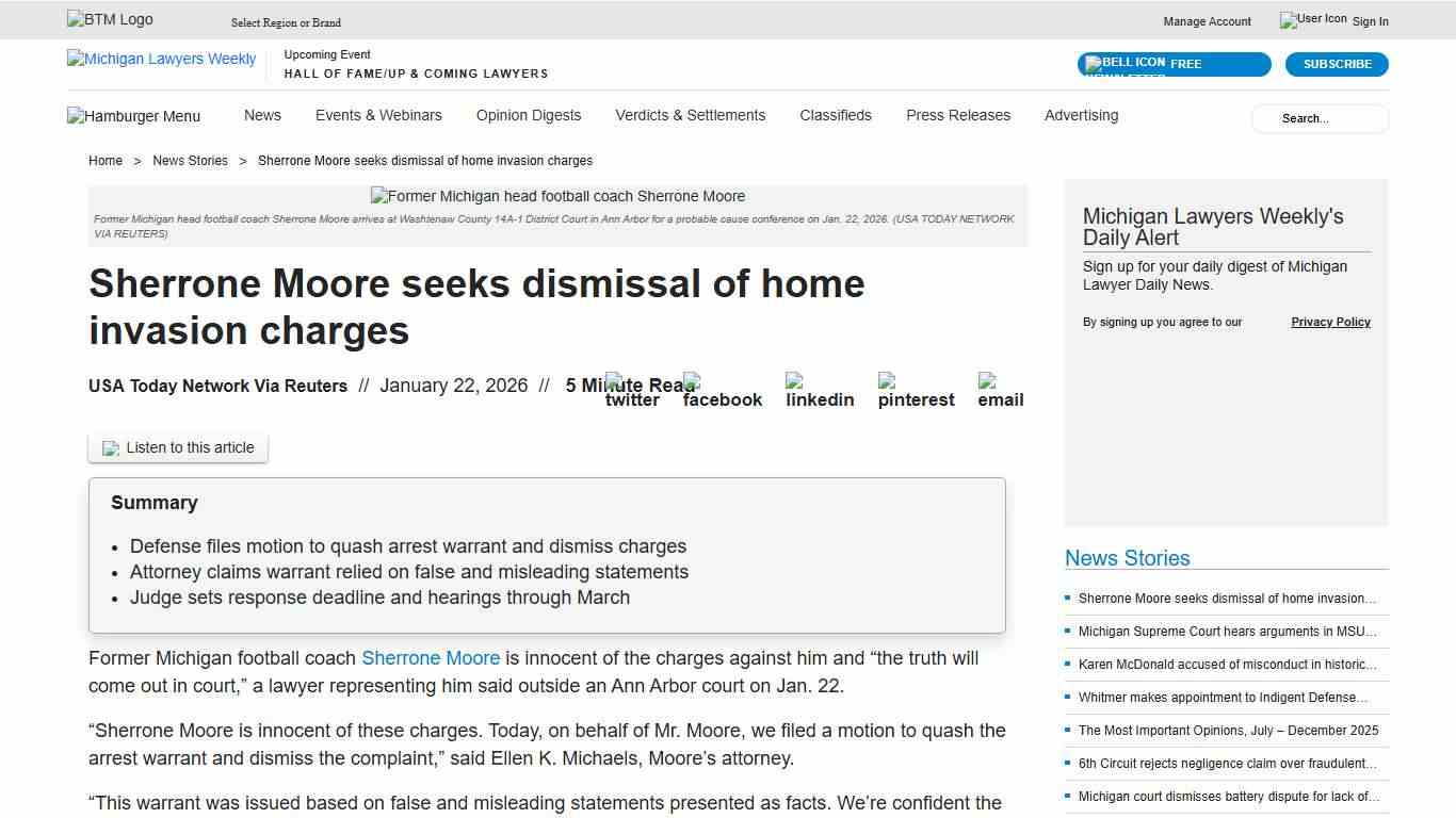 Sherrone Moore seeks dismissal of home invasion charges Michigan Lawyers Weekly