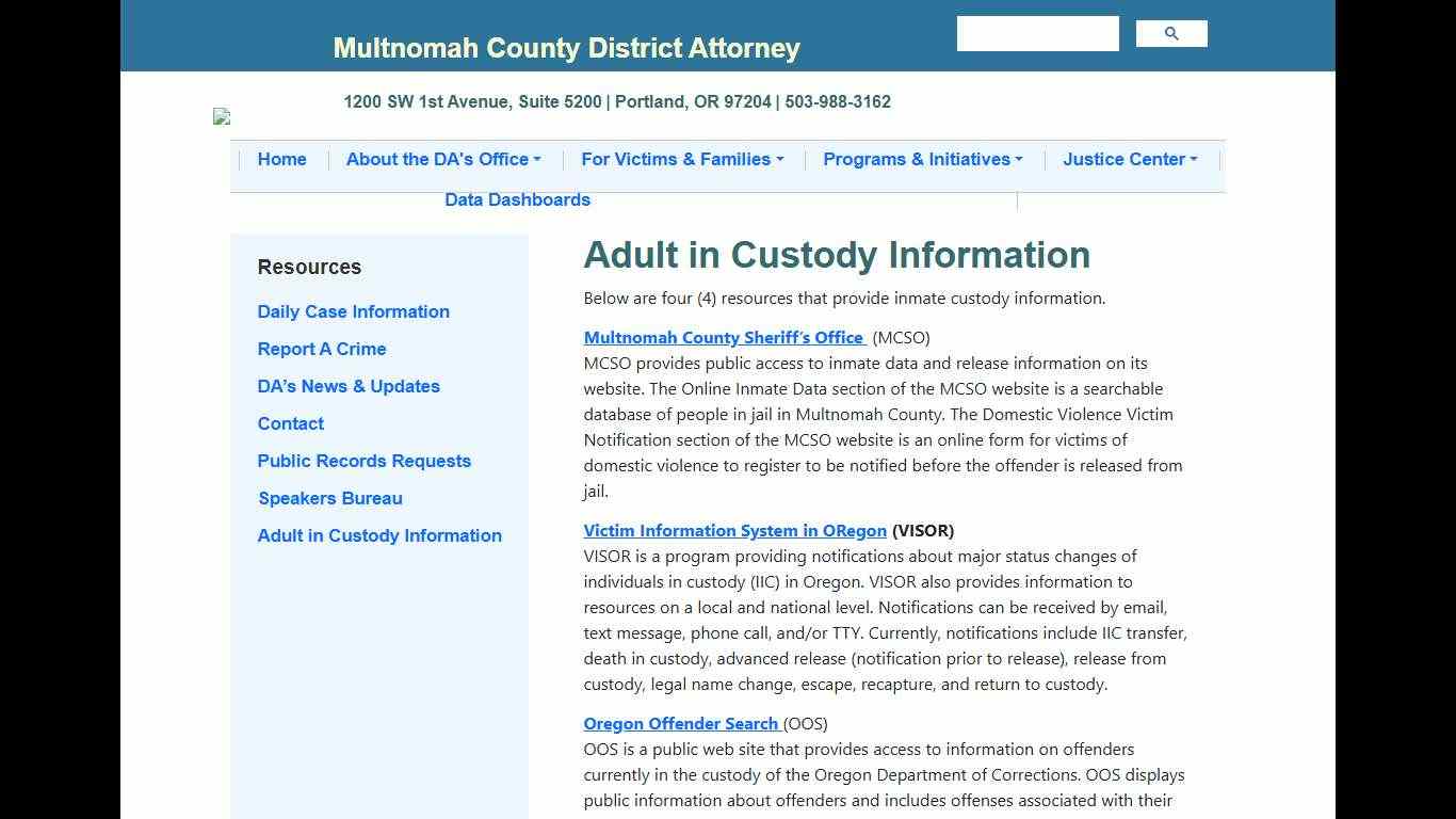 Adult in Custody Information Multnomah County District Attorney